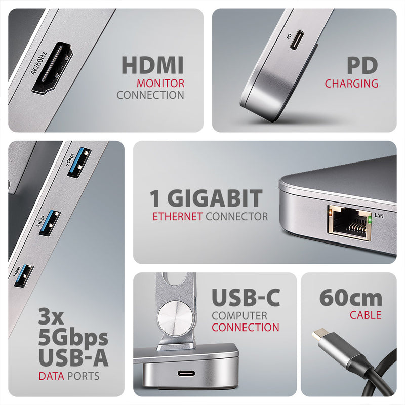 Axagon HMC-STND Multiport USB-C 5Gbps Hub und Aluminiumständer für Laptops. HDMI 4k/60Hz, GLAN, PD und 3 USB-A-Anschlüsse. Kabel USB-C 60 cm.
