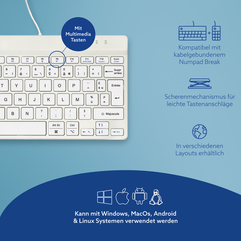 R-Go Tools Ergonomische Tastatur R-Go Compact Break, kompakte Tastatur mit Pausensoftware, AZERTY (FR), Kabelgebunden, Weiß