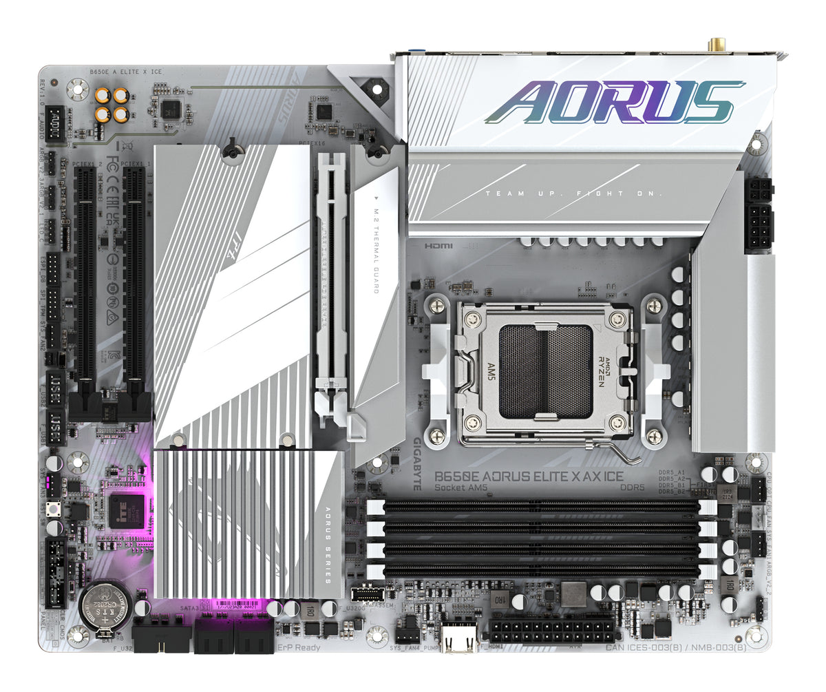 GIGABYTE B650E AORUS ELITE X AX ICE Mainboard - AMD Ryzen 9000er-Serie, 12+2+2 Phasen VRM, bis zu 8000 MHz DDR5 (OC), 1xPCIe 5.0 + 2xPCIe 4.0 M.2, 2,5 GbE LAN, WIFI 6E, USB 3.2 Gen 2