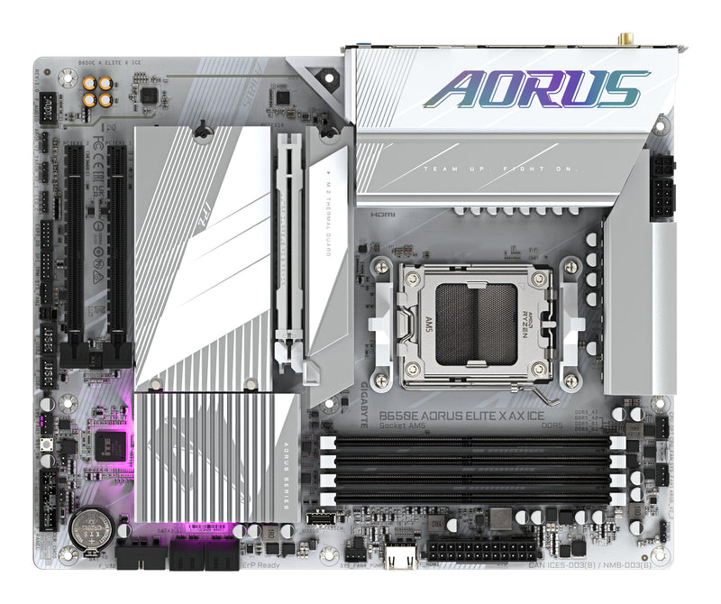 GIGABYTE B650E AORUS ELITE X AX ICE Mainboard - AMD Ryzen 9000er-Serie, 12+2+2 Phasen VRM, bis zu 8000 MHz DDR5 (OC), 1xPCIe 5.0 + 2xPCIe 4.0 M.2, 2,5 GbE LAN, WIFI 6E, USB 3.2 Gen 2