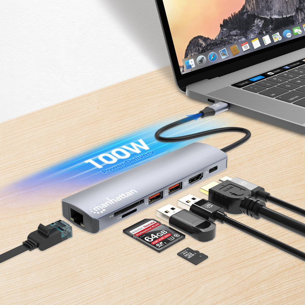 Manhattan 153966 laptop-dockingstation & portreplikator Kabelgebunden USB 3.2 Gen 2 (3.1 Gen 2) Type-C Silber