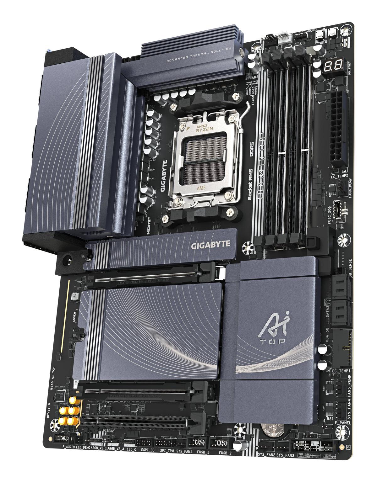 GIGABYTE B850 AI TOP Motherboard - AMD Ryzen 9000 Series CPUs, 16+2+2 Phasen Digital VRM, bis zu 8600MHz DDR5 (OC), 2xPCIe 5.0 + 1xPCIe 4.0 M.2, 10 GbE LAN, WIFI 7, USB 3.2 Gen 2x2