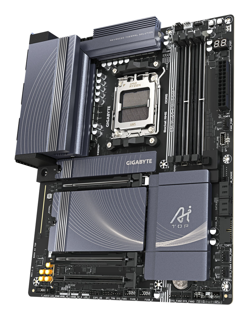 GIGABYTE B850 AI TOP Motherboard - AMD Ryzen 9000 Series CPUs, 16+2+2 Phasen Digital VRM, bis zu 8600MHz DDR5 (OC), 2xPCIe 5.0 + 1xPCIe 4.0 M.2, 10 GbE LAN, WIFI 7, USB 3.2 Gen 2x2