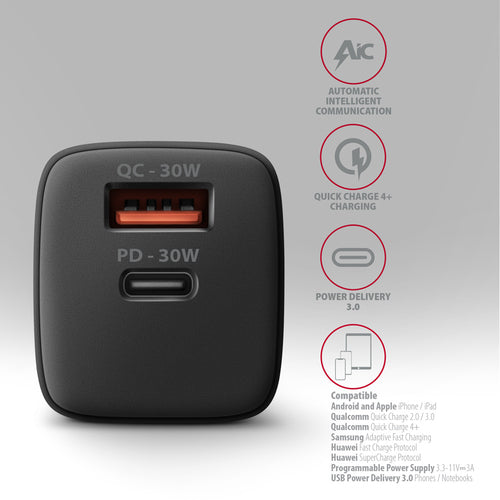 AXAGON ACU-PQ30 Ladegerät QC3.0, 4.0/AFC/FCP/PPS/Apple + PD USB-C, 30W - schwarz