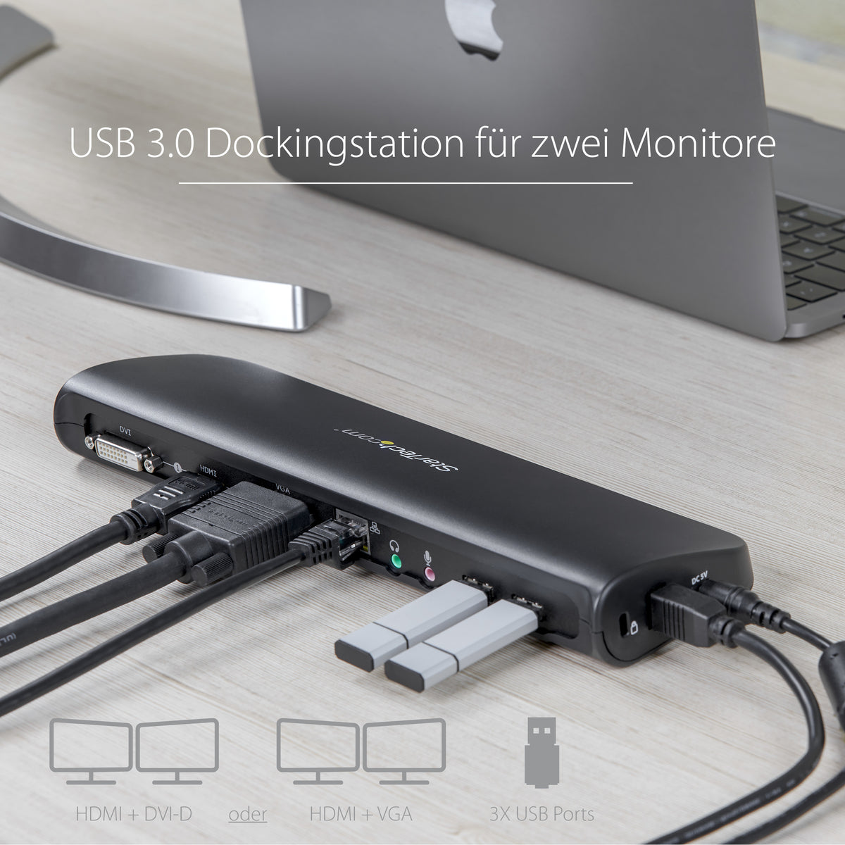 StarTech.com Dual Monitor USB 3.0 Laptop Docking Station mit HDMI/DVI/VGA, 3x USB-A Hub, GbE, Audio, Universal Type-A Dock für Windows/macOS/ChromeOS - TAA Konform