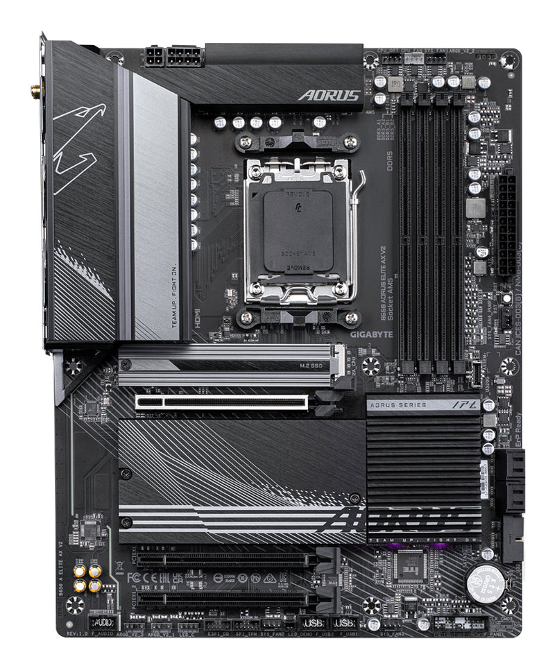 GIGABYTE B650 AORUS ELITE AX V2 Mainboard - AMD Ryzen 9000er-Serie, 12+2+2 Phasen VRM, bis zu 8000 MHz DDR5 (OC), 1xPCIe 5.0 + 2xPCIe 4.0 M.2, 2,5 GbE LAN, WIFI 6E, USB 3.2 Gen 2