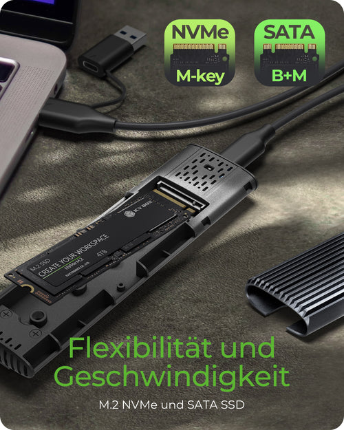 ICY BOX M.2 NVMe SATA SSD Gehäuse, USB 3.2 (Gen 2) Type-C®/A, M-Key Sockel, Werkzeuglos,