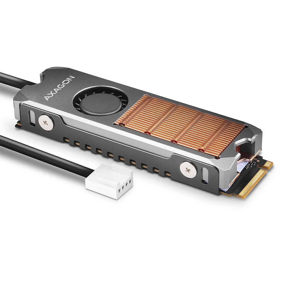 Axagon CLR-M2FAN Kupferkühler mit Lüfter für einseitige und doppelseitige M.2 SSD-Platten, Größe 2280, Höhe 13 mm.