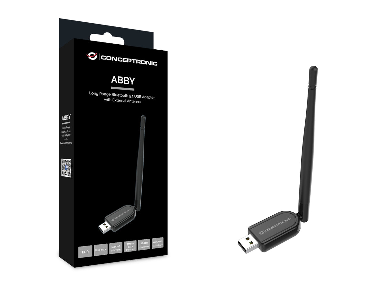 Conceptronic ABBY USB-Bluetooth 5.1-Adapter mit externer Antenne und hoher Reichweite