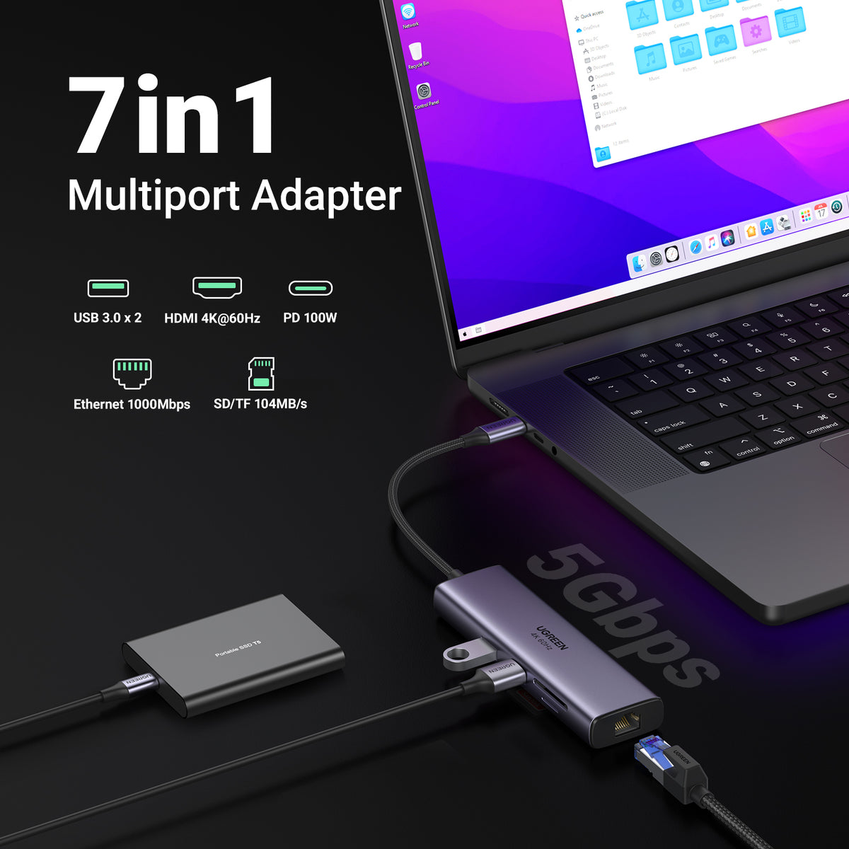 Ugreen 60515 laptop-dockingstation & portreplikator Kabelgebunden USB 3.2 Gen 1 (3.1 Gen 1) Type-C Grau