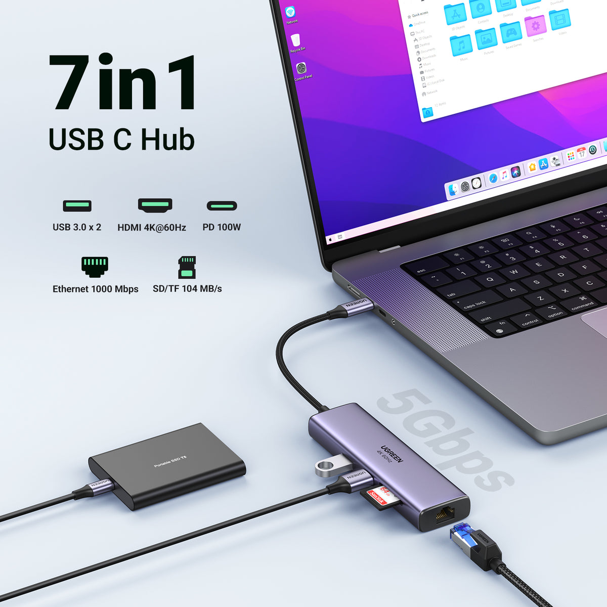 Ugreen 60515 laptop-dockingstation & portreplikator Kabelgebunden USB 3.2 Gen 1 (3.1 Gen 1) Type-C Grau