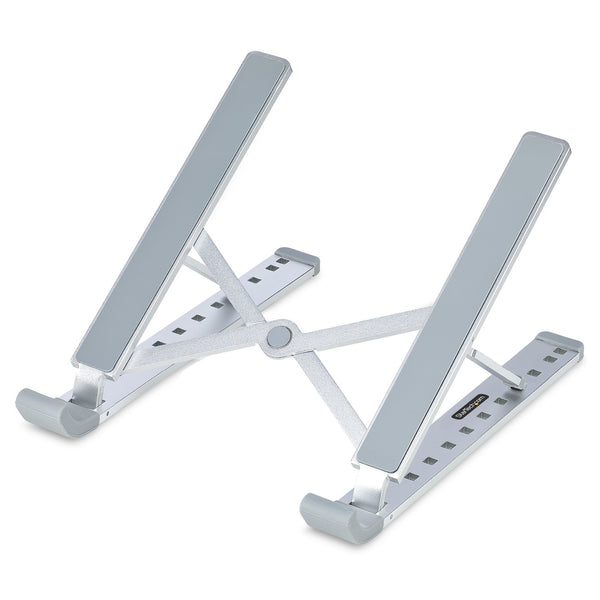 StarTech.com Supporto pieghevole per laptop, supporto ergonomico portatile regolabile in altezza, portata 10 kg, supporto per laptop in alluminio inclinabile, supporto per notebook, base girevole per laptop