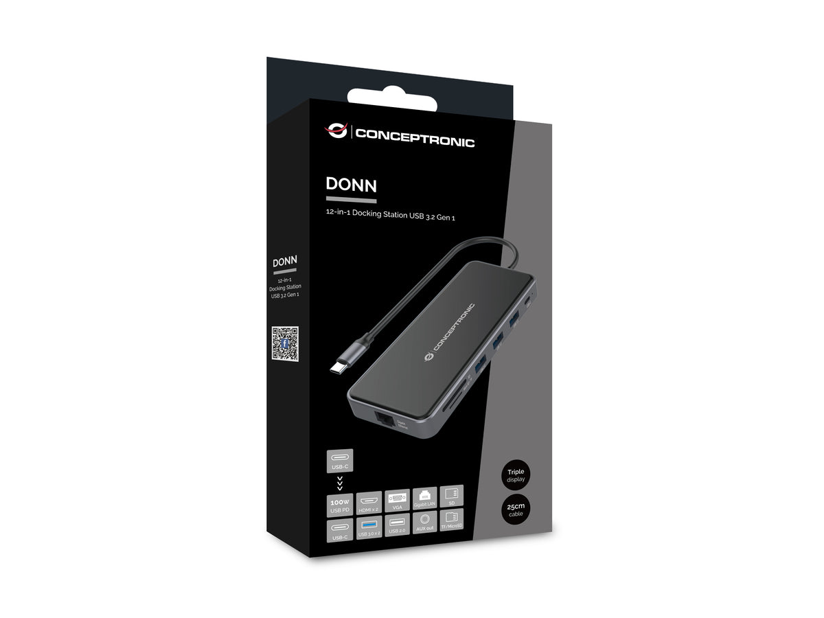 Conceptronic DONN15G laptop-dockingstation & portreplikator Kabelgebunden USB 3.2 Gen 1 (3.1 Gen 1) Type-C Grau