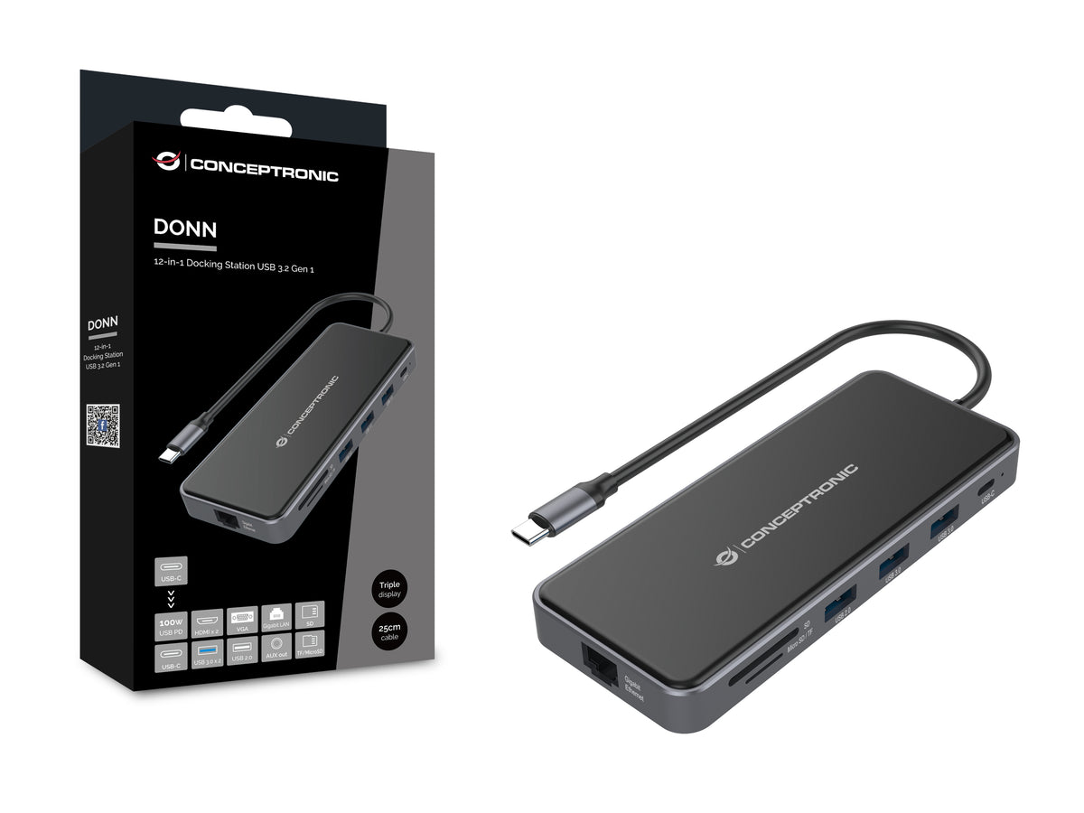 Conceptronic DONN15G laptop-dockingstation & portreplikator Kabelgebunden USB 3.2 Gen 1 (3.1 Gen 1) Type-C Grau
