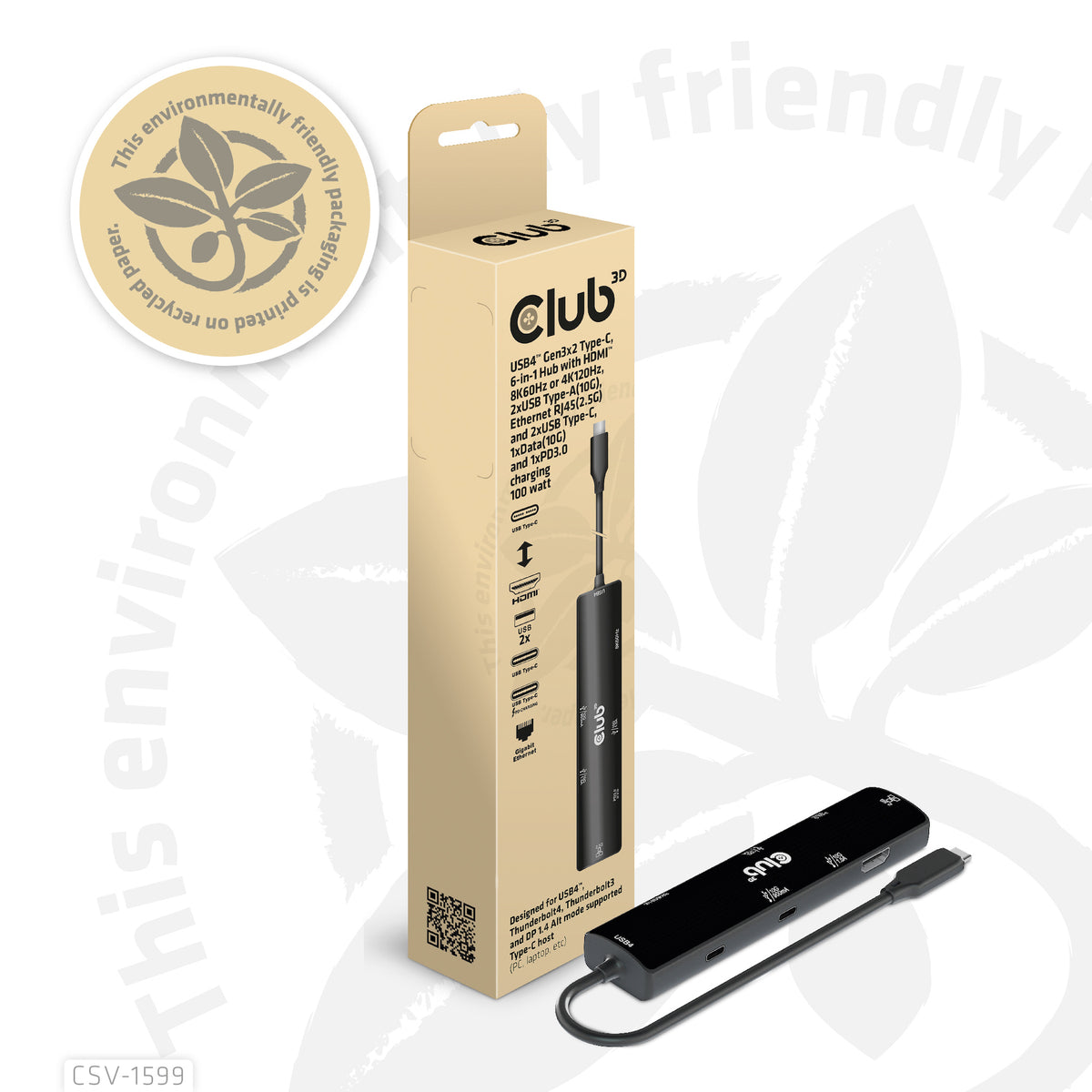 CLUB3D USB4™ Gen3x2 Type-C, 6-in-1 Hub with HDMI™ 8K60Hz or 4K120Hz, 2xUSB Type-A(10G), Ethernet RJ45(2.5G) and 2xUSB Type-C, 1x Data(10G) and 1xPD3.0 charging 100 watt