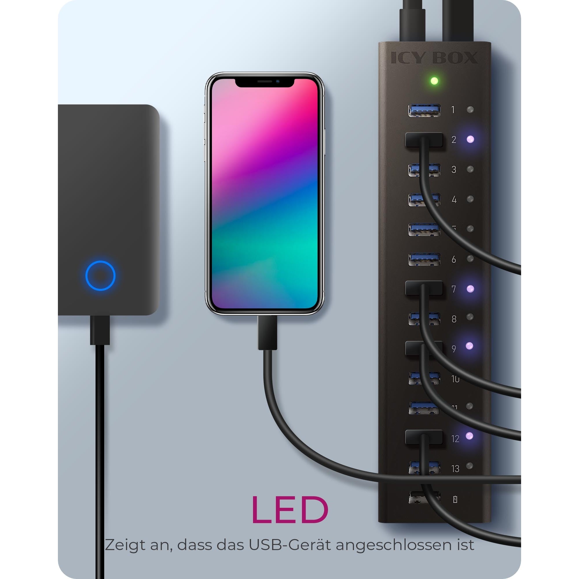 HUB USB 3.0 . 13 Port. +1x Ladeport Aluminium-mit Netzteil ICY BOX