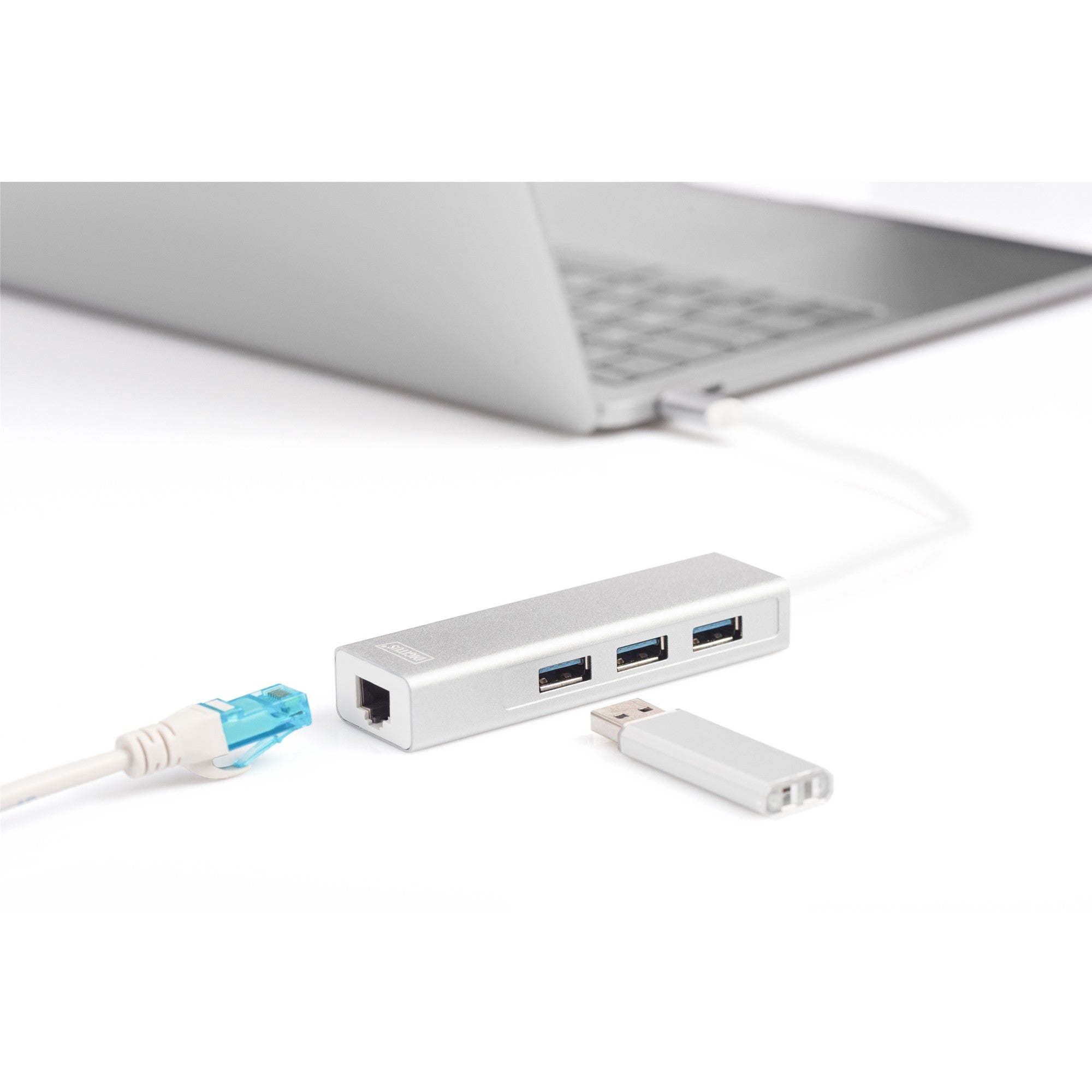 DIGITUS USB Adapter USB3.0/C -> GB Ethernet+3-Port-Hub weiss