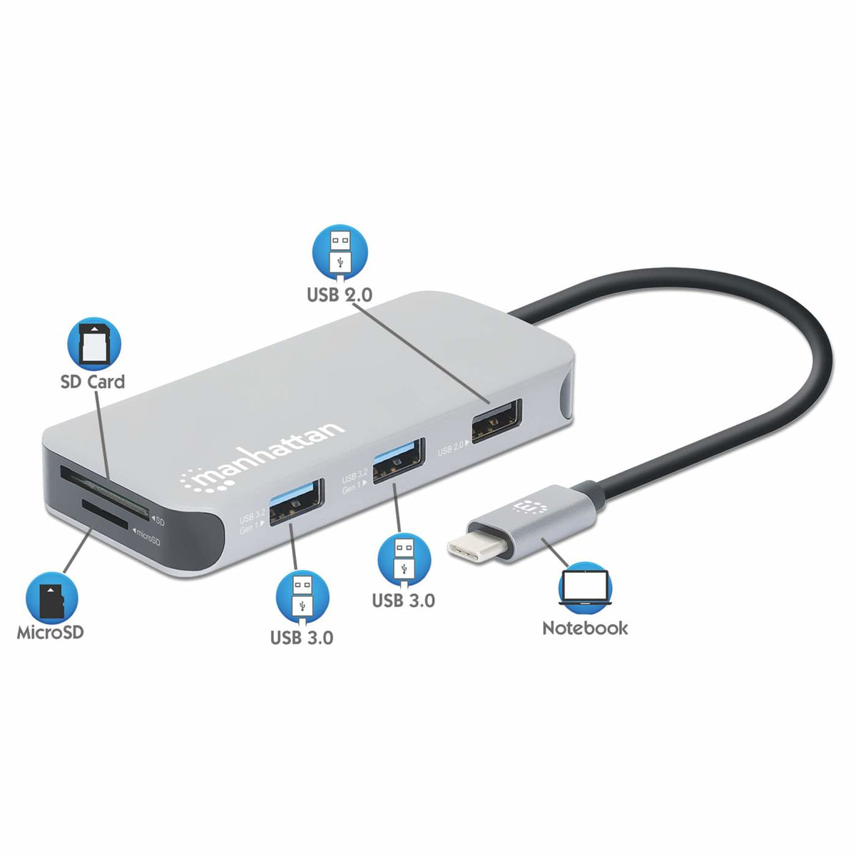Manhattan 130615 laptop-dockingstation & portreplikator Kabelgebunden USB 3.2 Gen 1 (3.1 Gen 1) Type-C Aluminium