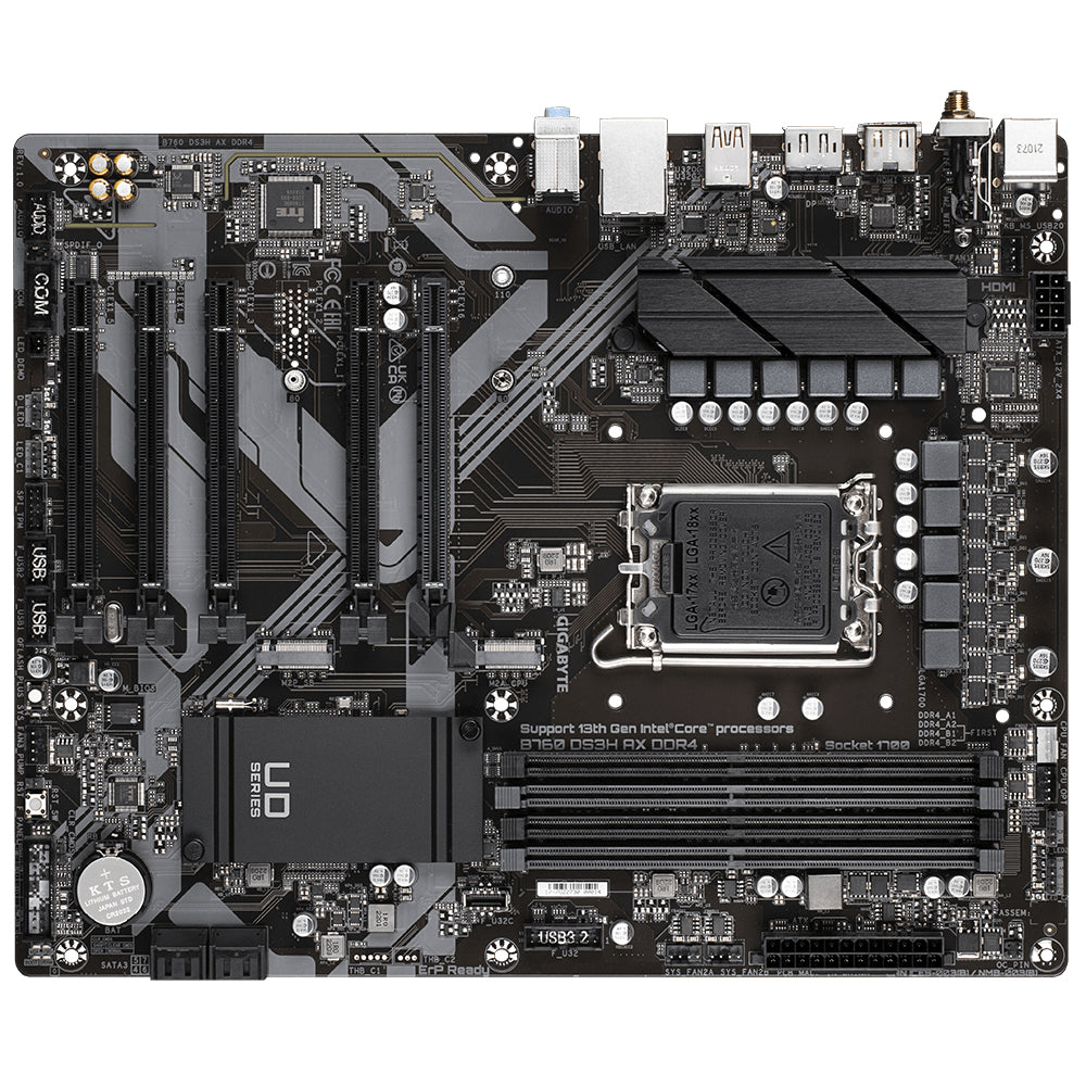 GIGABYTE B760 DS3H AX DDR4 Mainboard - Unterstützt Intel Core Prozessoren der 14. Generation, 8+2+1 Phasen digitales VRM, bis zu 5333MHz DDR4 (OC), 2x PCIe 4.0 M.2, Wi-Fi 6E, GbE LAN, USB 3.2 Gen 2