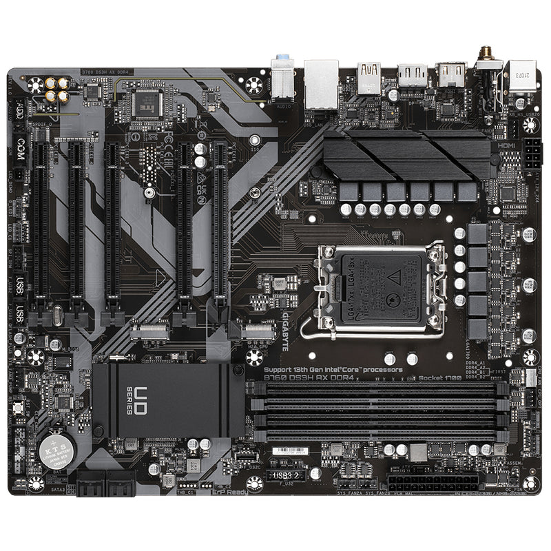 GIGABYTE B760 DS3H AX DDR4 Mainboard - Unterstützt Intel Core Prozessoren der 14. Generation, 8+2+1 Phasen digitales VRM, bis zu 5333MHz DDR4 (OC), 2x PCIe 4.0 M.2, Wi-Fi 6E, GbE LAN, USB 3.2 Gen 2