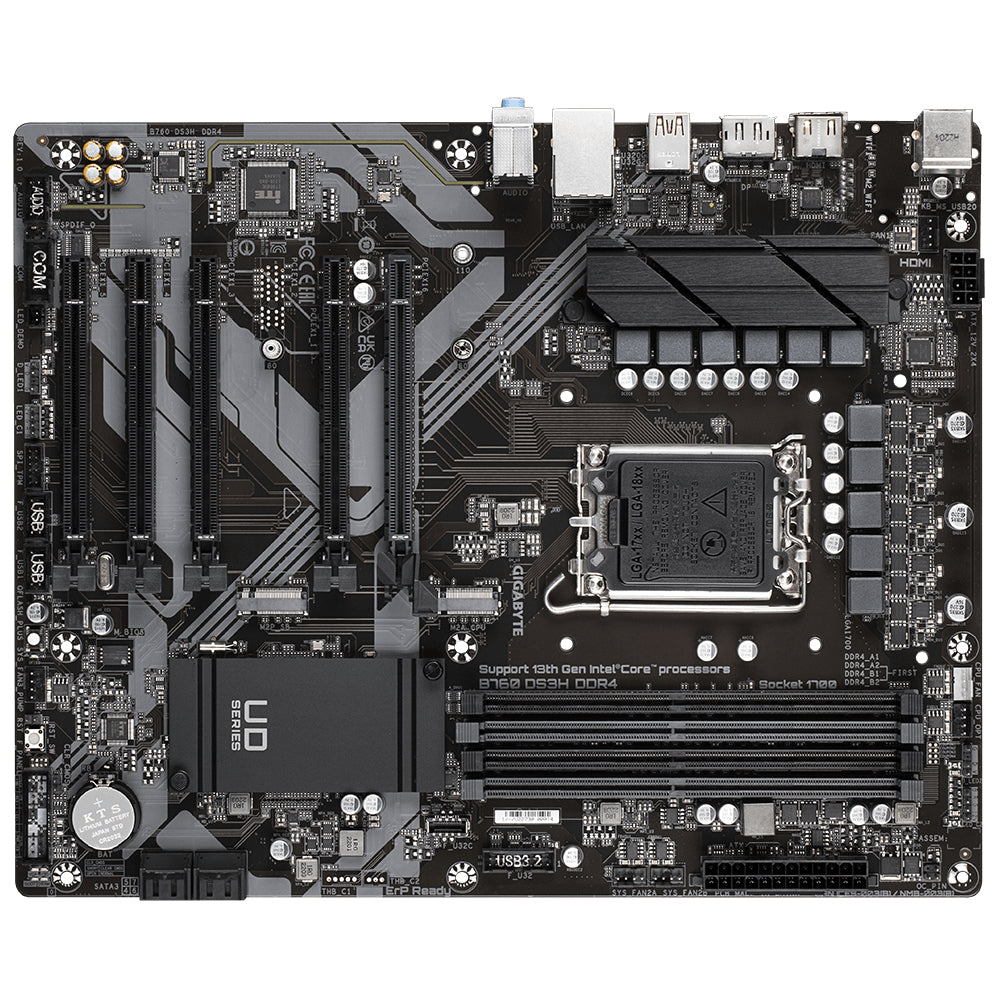 GIGABYTE B760 DS3H DDR4 Motherboard - Unterstützt Intel Core 14. Generation CPUs, 18+2+1 Phasen Digital VRM, bis zu 5333MHz DDR4 (OC), 2xPCIe 4.0 M.2, GbE LAN, USB 3.2 Gen 2
