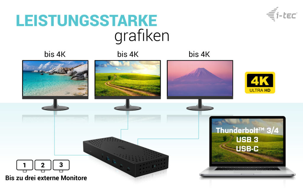 i-tec USB 3.0 / USB-C / Thunderbolt, 3x 4K Docking Station Gen 2 + Power Delivery 100W