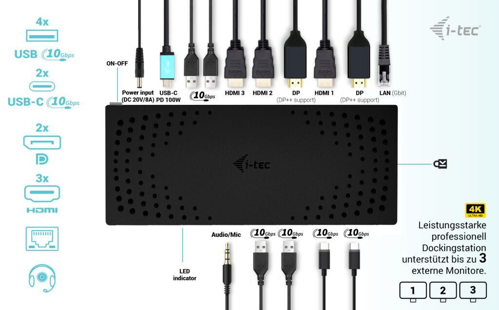 i-tec USB 3.0 / USB-C / Thunderbolt, 3x 4K Docking Station Gen 2 + Power Delivery 100W