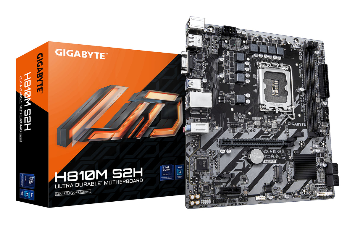 GIGABYTE H810M S2H Mainboard – Intel Core Ultra (Serie 2) CPUs, 4+1+2 Phasen VRM, bis zu 6400 MHz DDR5, 1xPCIe 4.0 M.2, 1GbE LAN, USB 3.2 Gen 1
