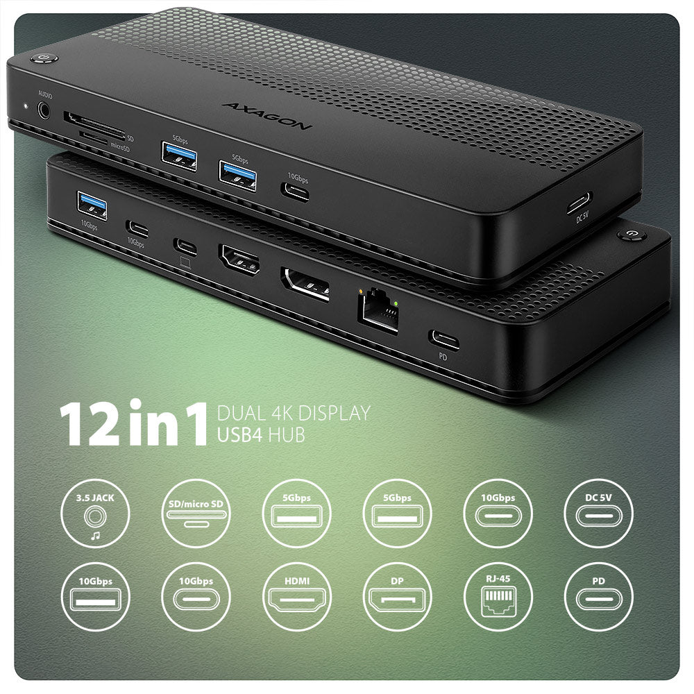 Axagon HMC-U4 USB4 dock, 3x USB-A, 2x USB-C, HDMI & DP 8K/30Hz, RJ-45, SD/mSD, audio, PD 100W