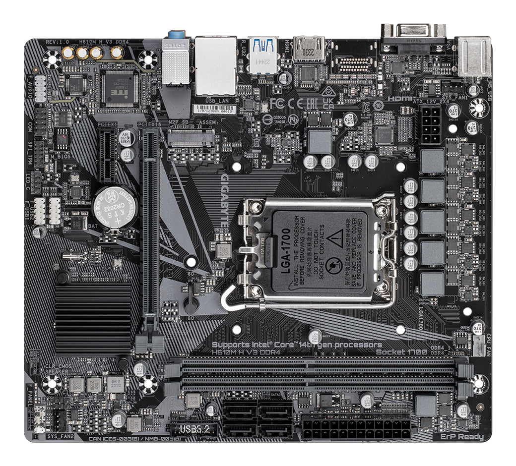 GIGABYTE H610M H V3 DDR4 Mainboard - Unterstützt Intel Core Prozessoren 14th CPUs, 4+1+1 Hybrid Phases Digital VRM, up to 3200MHz DDR4, 1xPCIe 3.0 M.2, GbE LAN, USB 3.2 Gen 1