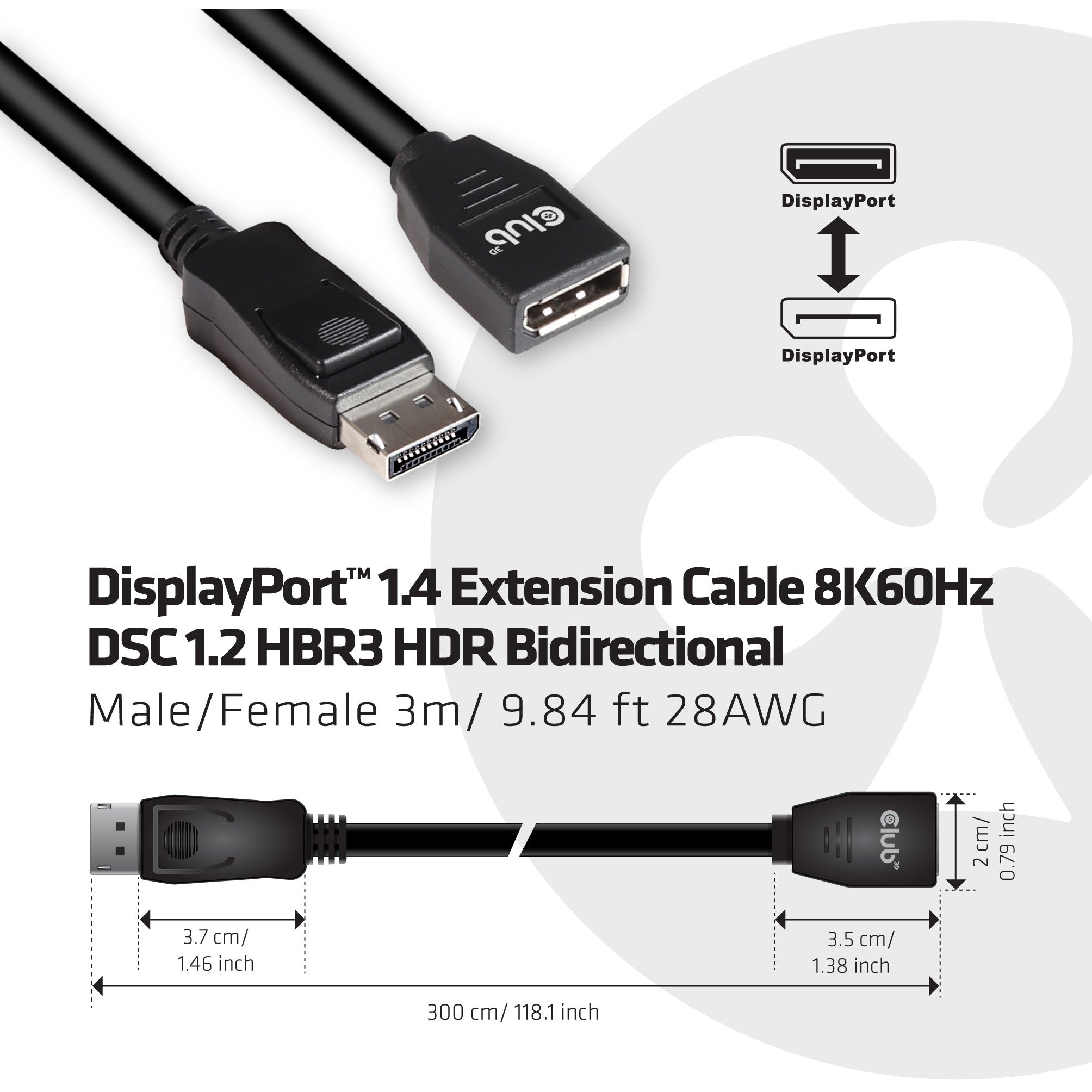 Club3D DisplayPort-Kabel 1.4 Verlängerung 3m 8K60HZ St/Bu retail