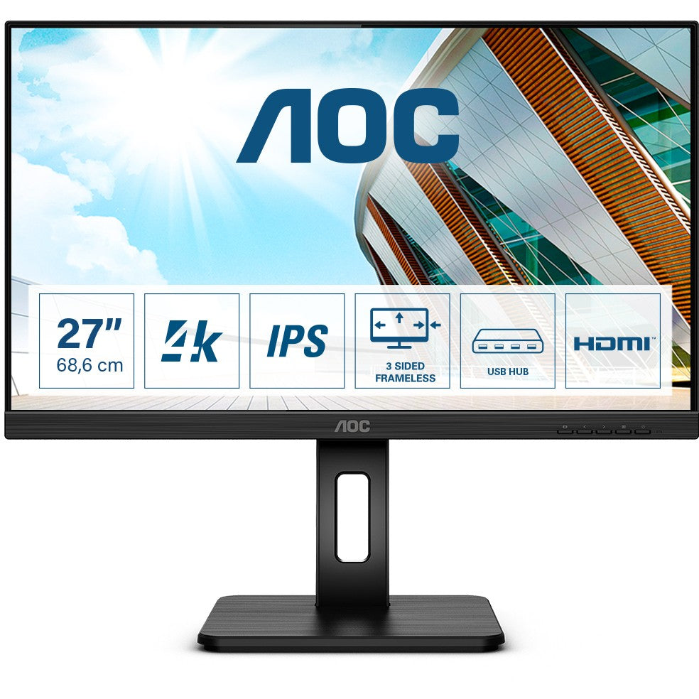 68.4cm/27'' (3840x2160) AOC U27P2 16:9 4ms USB HDMI DisplayPort Pivot Speaker 4K UHD Black