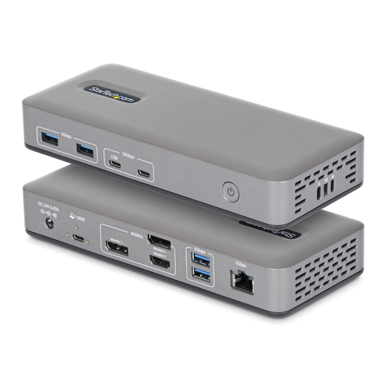 StarTech.com Dreifach Monitor USB-C Dockingstation, Dreifach 4K 60Hz MST Dock, DisplayPort und HDMI, 100W Power Delivery Laptop-Ladung, 1GbE, treiberlos, Multi-Monitor Dock, Windows