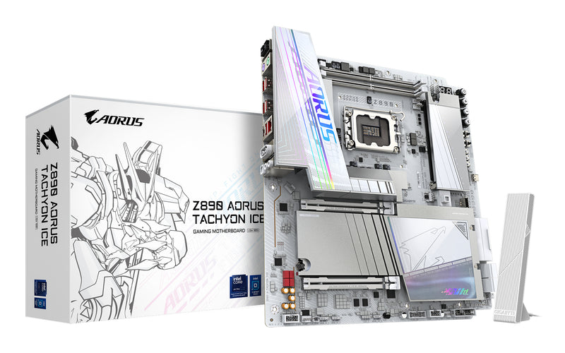 GIGABYTE Z890 AORUS TACHYON ICE Mainboard – Intel Core Ultra (Serie 2) Prozessoren, 18+1+2 Phasen VRM, bis zu 9500 MHz DDR5 (O.C), 1 x PCIe 5.0 + 3 x PCIe 4.0, Wi-Fi 7, 5 GbE LAN, USB 3.2 Gen 2x2