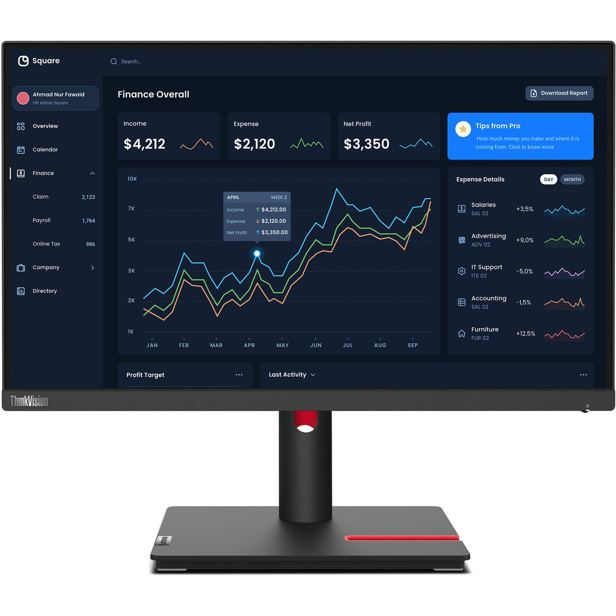54.6cm/21.5" (1920x1080) Lenovo ThinkVision T22i-30 16:9 FHD IPS 60Hz 4ms HDMI VGA DP USB Pivot Black