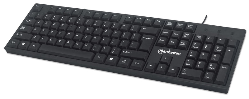 Manhattan USB-Tastatur, Kabelgebunden, 104 Tasten, integriertes USB-Kabel, LED-Anzeigen, schwarz
