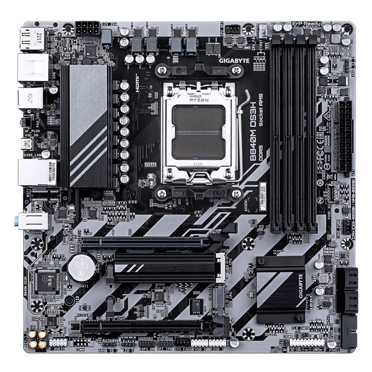 GIGABYTE B840M DS3H Mainboard – AMD Ryzen 9000 CPUs, 8+2+2 Phasen VRM, bis zu 8200 MHz DDR5, 2xPCIe 4.0 M.2, 2.5GbE LAN, USB 3.2 Gen 1