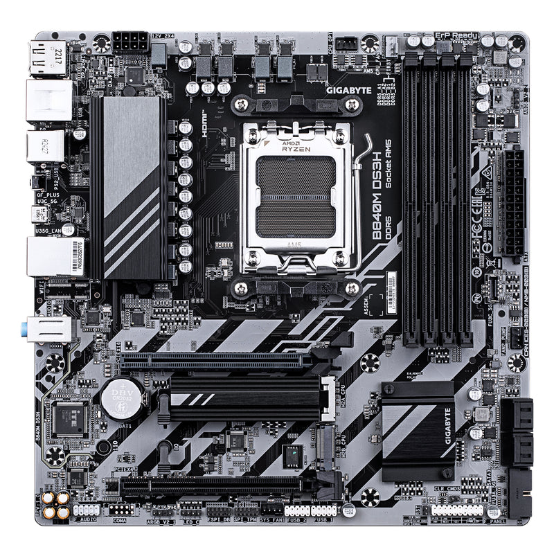GIGABYTE B840M DS3H Mainboard – AMD Ryzen 9000 CPUs, 8+2+2 Phasen VRM, bis zu 8200 MHz DDR5, 2xPCIe 4.0 M.2, 2.5GbE LAN, USB 3.2 Gen 1