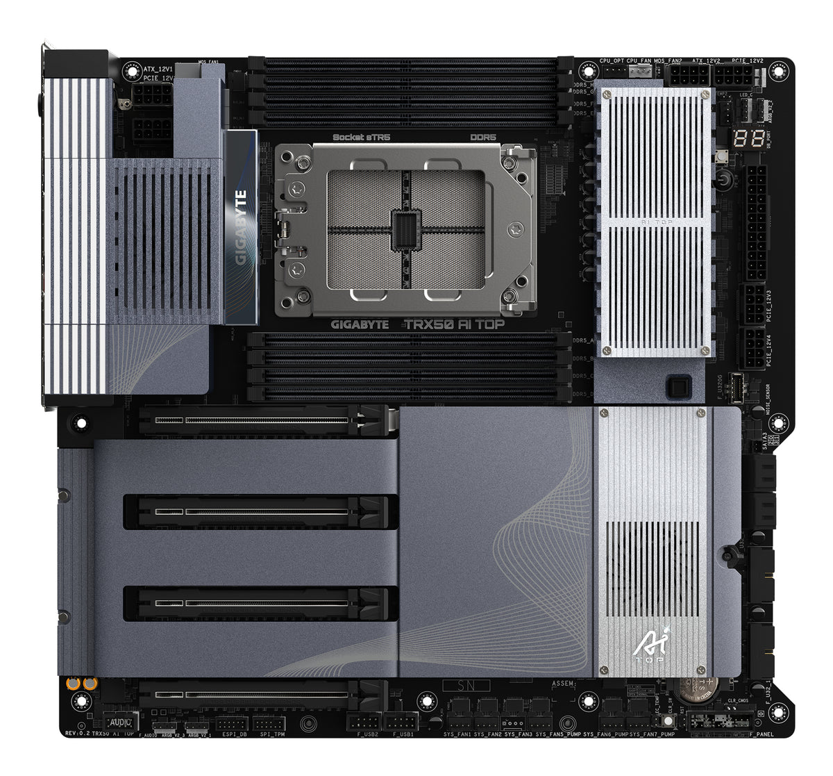 GIGABYTE TRX50 AI TOP-2B Mainboard – Unterstützt AMD Ryzen Threadripper PRO 7000 CPUs, digitales 16+8+4 Phasen VRM, bis zu 5200 MHz DDR5, 4 x PCIe 5.0 M.2, Wi-Fi 7, 10 GbE LAN, USB 4