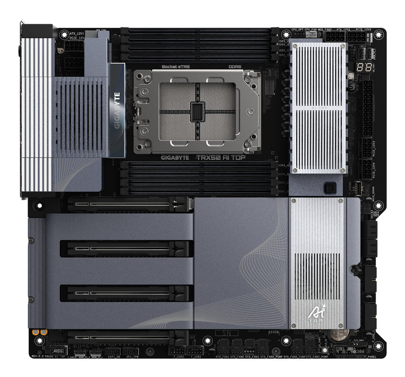 GIGABYTE TRX50 AI TOP-2B Mainboard – Unterstützt AMD Ryzen Threadripper PRO 7000 CPUs, digitales 16+8+4 Phasen VRM, bis zu 5200 MHz DDR5, 4 x PCIe 5.0 M.2, Wi-Fi 7, 10 GbE LAN, USB 4