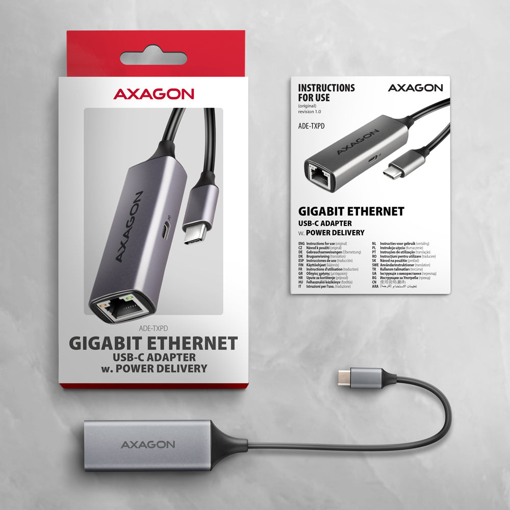 Axagon ADE-TXPD USB-C Gigabit-Ethernet-Adapter mit PD 100W