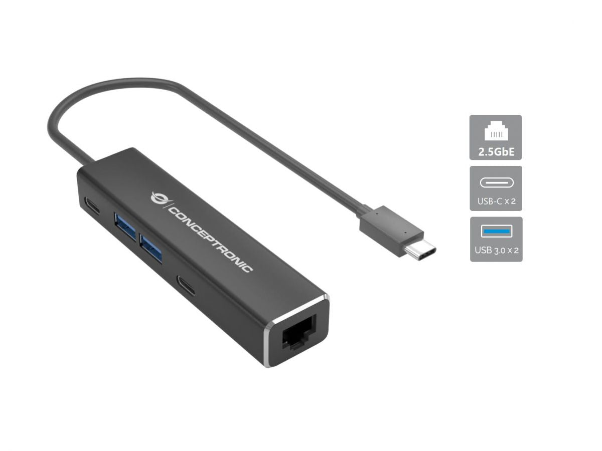Conceptronic ABBY14B 2.5G Ethernet USB 3.2 Gen 1 Adapter mit USB-Hub, GbE, USB-A x 2, USB-C x 2