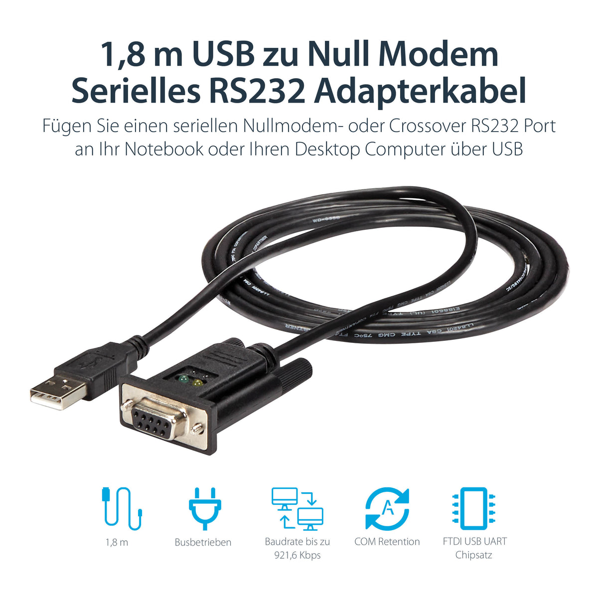 StarTech.com USB auf Seriell RS232 Adapter - DB9 Seriell DCE Adapter Kabel mit FTDI - Null Modem - USB 1.1 / 2.0 - USB Busbetrieben