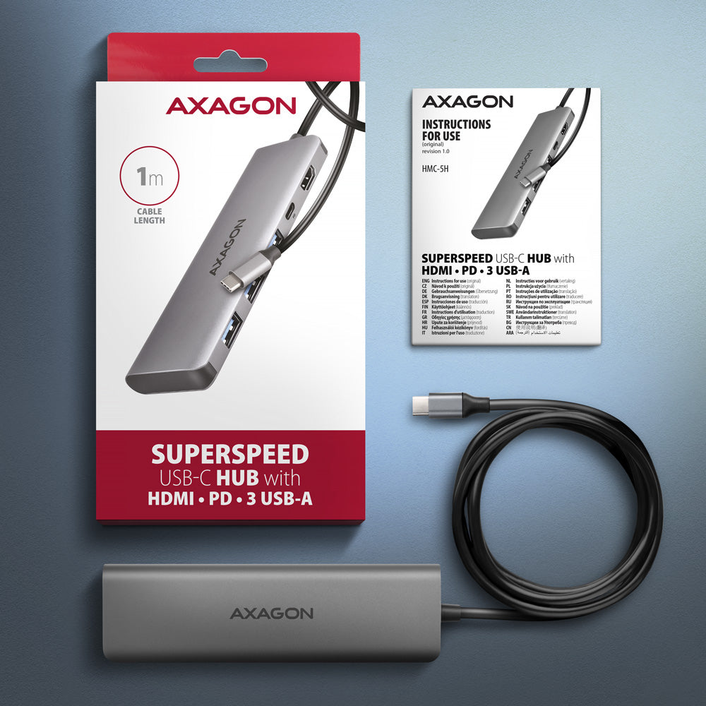 Axagon HMC-5H USB-C 3.2 Gen 1 hub 3x USB-A 4K HDMI PD 100W - Silber Kabelgebunden USB 3.2 Gen 1 (3.1 Gen 1) Type-C