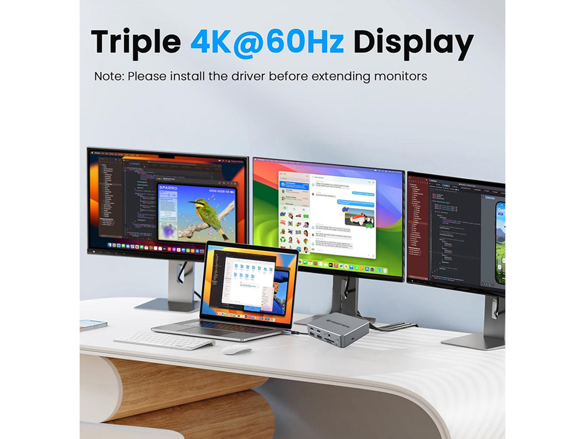 Conceptronic DONN25G 15-in-1 DisplayLink USB 3.2 Gen 2 Dockingstation, 4K60Hz Triple-Display, HDMI x 2, DisplayPort, USB-C 10 Gbit/s x 2, USB-A 10 Gbit/s x 2, USB-A 5 Gbit/s x 2, SD, TF/MicroSD, GbE, Audio, DC-Eingang, Sicherheitssteckplatz, PD 3,0