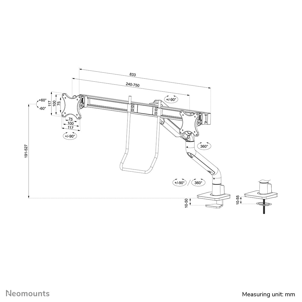 Neomounts DS75S-950WH2 Monitorarm 17-32" - Gasfeder - Topfix - 180°-Stopp