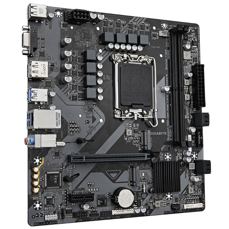 GIGABYTE B760M E Mainboard – Unterstützt Intel Core Prozessoren der 14. Generation, 6+1+1 Phasen VRM, bis zu 7200 MHz DDR5 (OC), 2xPCIe 4.0 M.2, 1 GbE LAN, USB 3.2 Gen 1