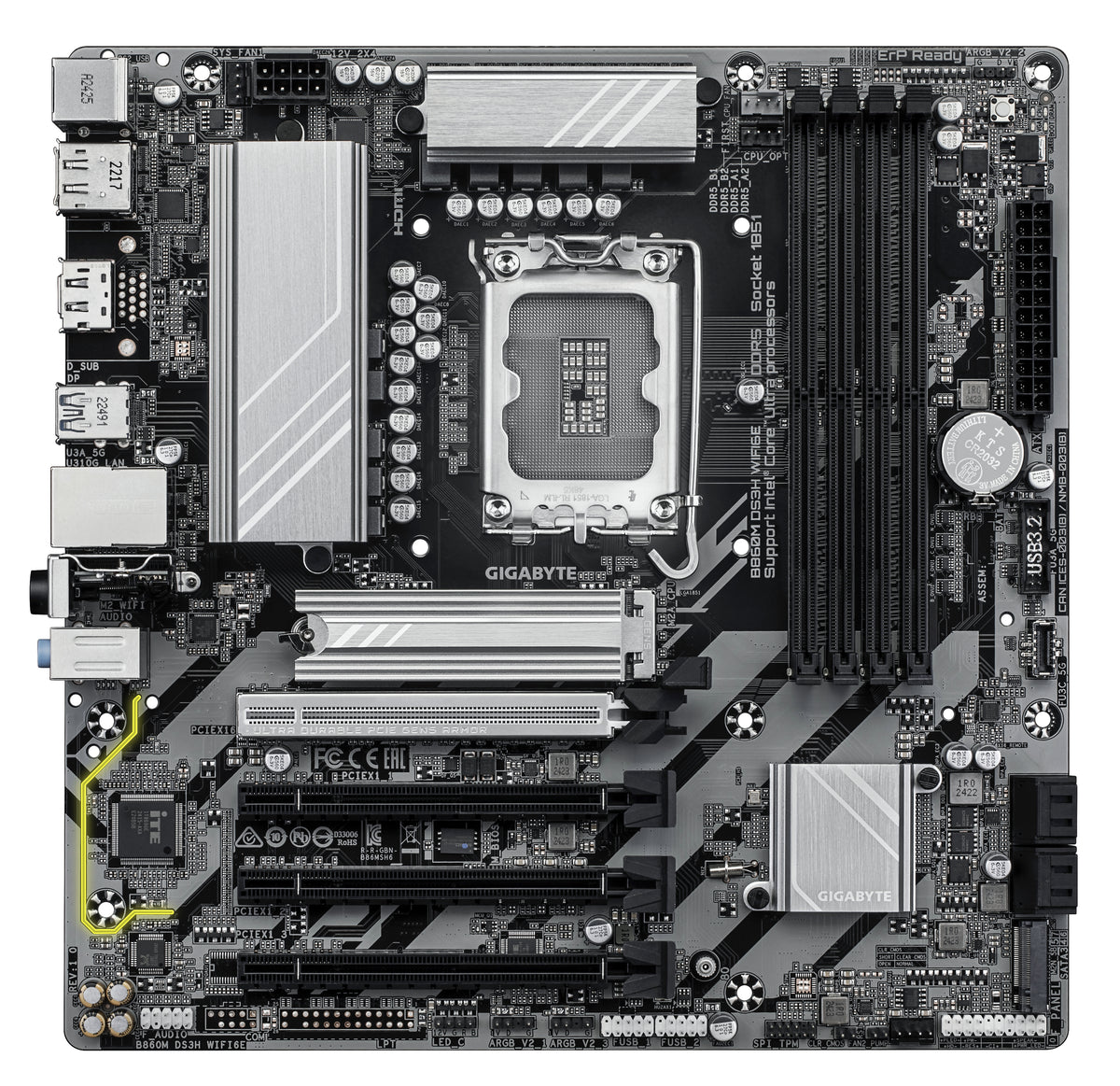 GIGABYTE B860M DS3H WIFI6E Mainboard - Intel Core Ultra CPUs, 5+1+2+1 Phasen VRM, bis zu 9066MHz DDR5, 1xPCIe 5.0 + 1xPCIe 4.0 M.2, 2,5 GbE LAN, WIFI 6E, USB 3.2 Gen 2