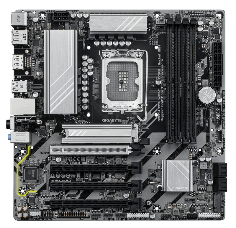 GIGABYTE B860M DS3H WIFI6E Mainboard - Intel Core Ultra CPUs, 5+1+2+1 Phasen VRM, bis zu 9066MHz DDR5, 1xPCIe 5.0 + 1xPCIe 4.0 M.2, 2,5 GbE LAN, WIFI 6E, USB 3.2 Gen 2