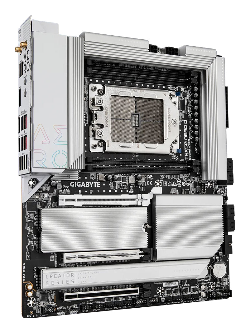 GIGABYTE TRX50 AERO D Mainboard - Unterstützt AMD Ryzen Threadripper 9000 Series CPUs, 16+8+4 Phases Digital VRM, up to 7800MHz DDR5 (OC), 3xPCIe 5.0 + 1xPCIe 4.0 M.2, Wi-Fi 7, 10GbE LAN, USB4